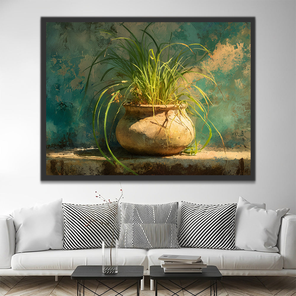 Herbe Verte Poussant dans un Pot en Terre Cuite Peinture par Numéros