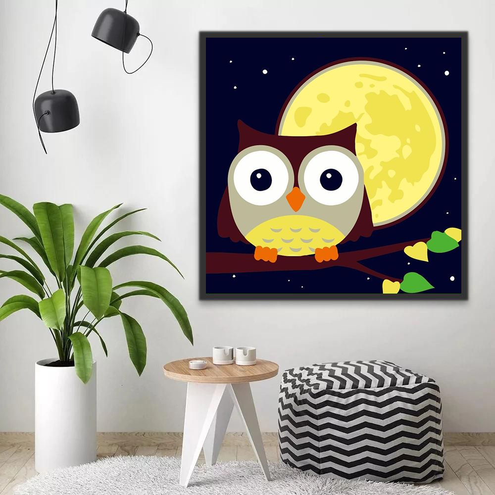 Hibou et la Lune Jaune Cartoon Enfants Peinture par Numéros