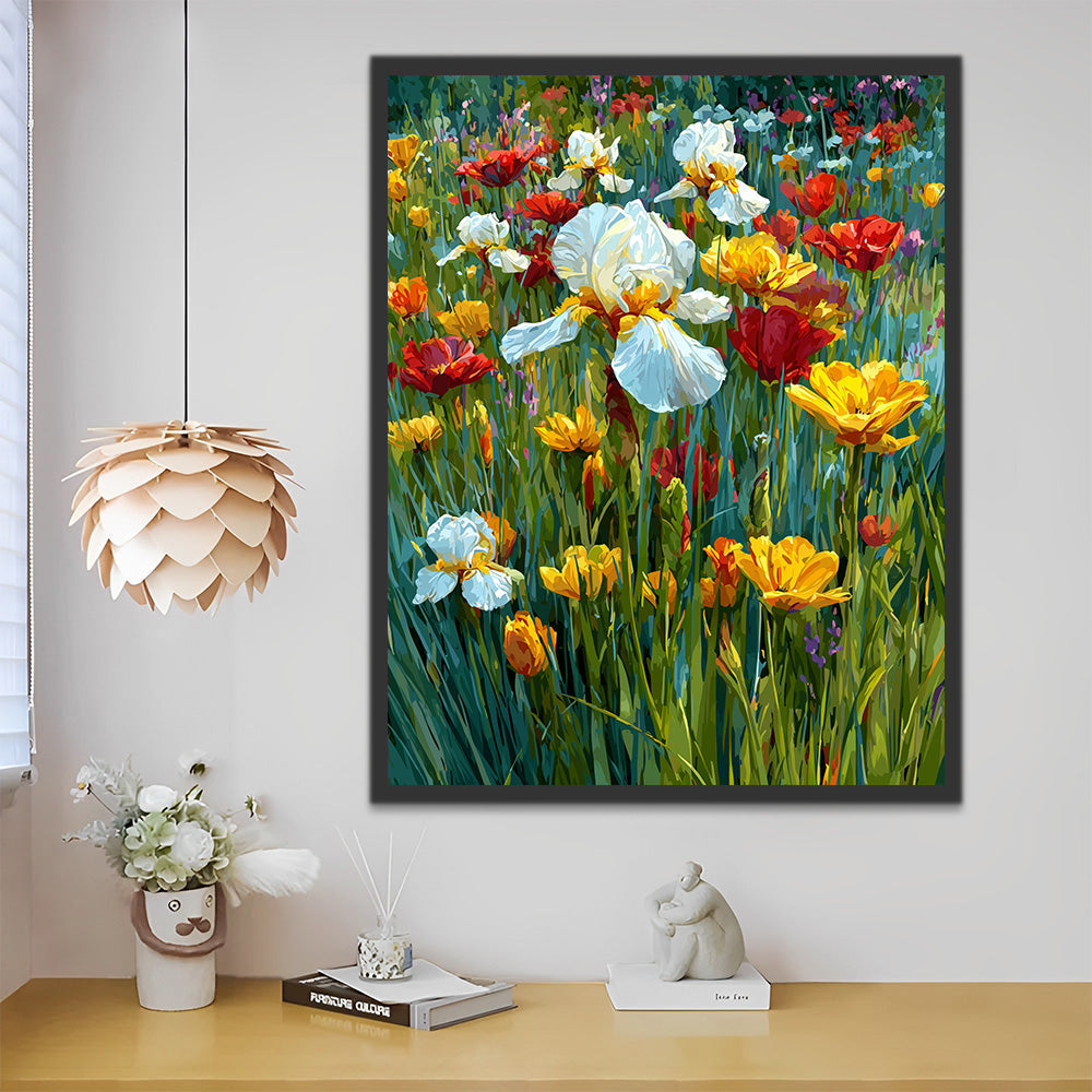 Iris Blancs parmi des Fleurs Sauvages Colorées Peinture par Numéros