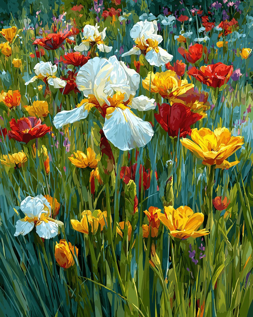 Iris Blancs parmi des Fleurs Sauvages Colorées Peinture par Numéros