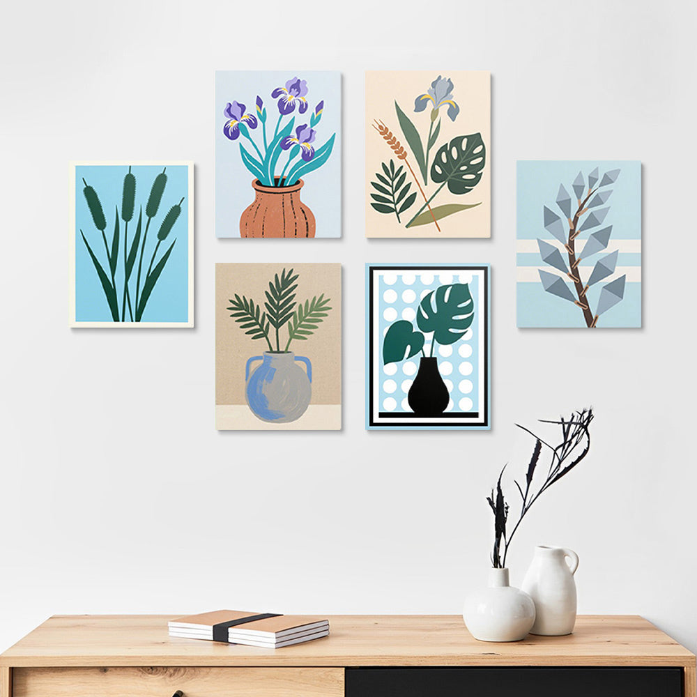 Iris et Feuilles de Monstera en Vase 6 Mini Peintures par Numéros