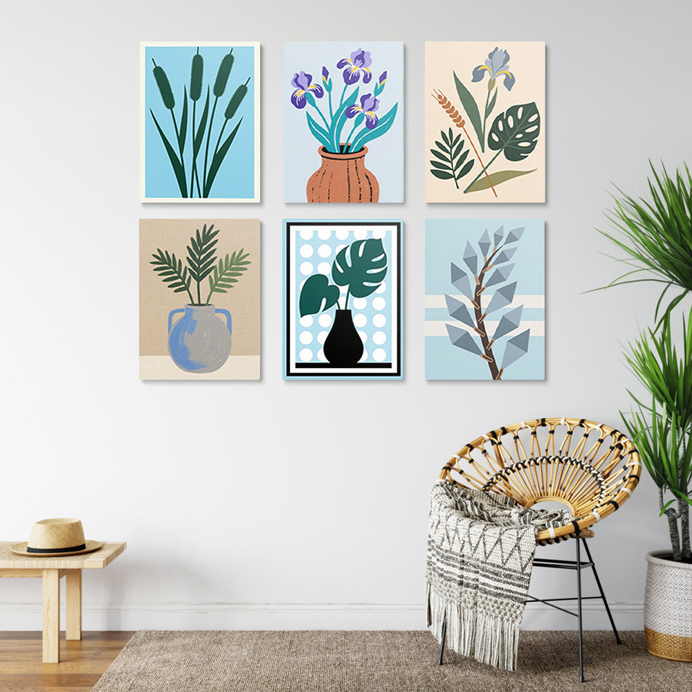 Iris et Feuilles de Monstera en Vase 6 Mini Peintures par Numéros