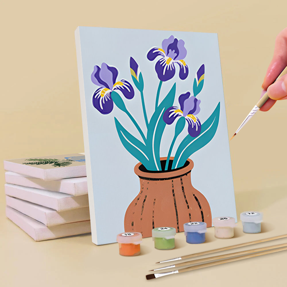 Iris et Feuilles de Monstera en Vase 6 Mini Peintures par Numéros