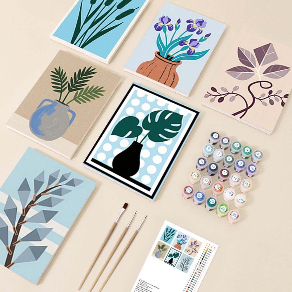 Iris et Feuilles de Monstera en Vase 6 Mini Peintures par Numéros