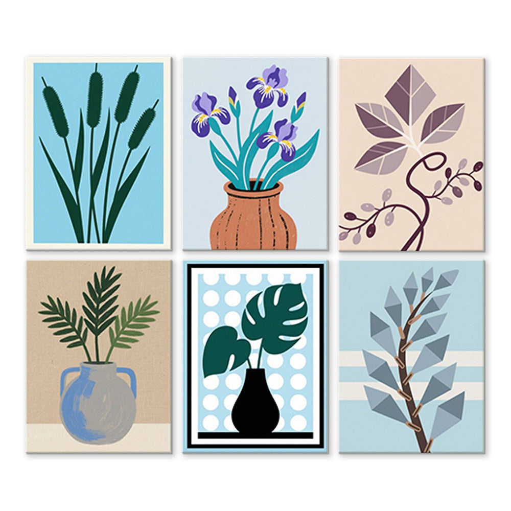 Iris et Feuilles de Monstera en Vase 6 Mini Peintures par Numéros