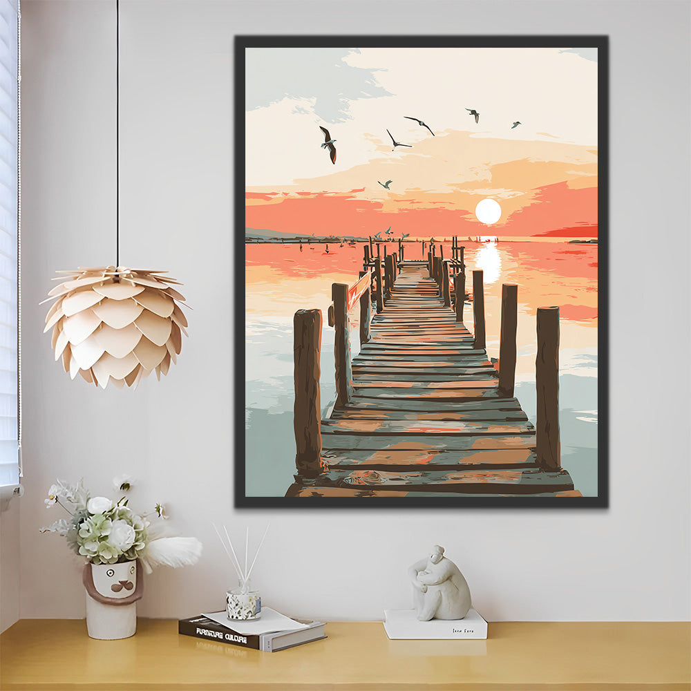 Jetée en Bois sur la Mer au Lever du Soleil Peinture par Numéros