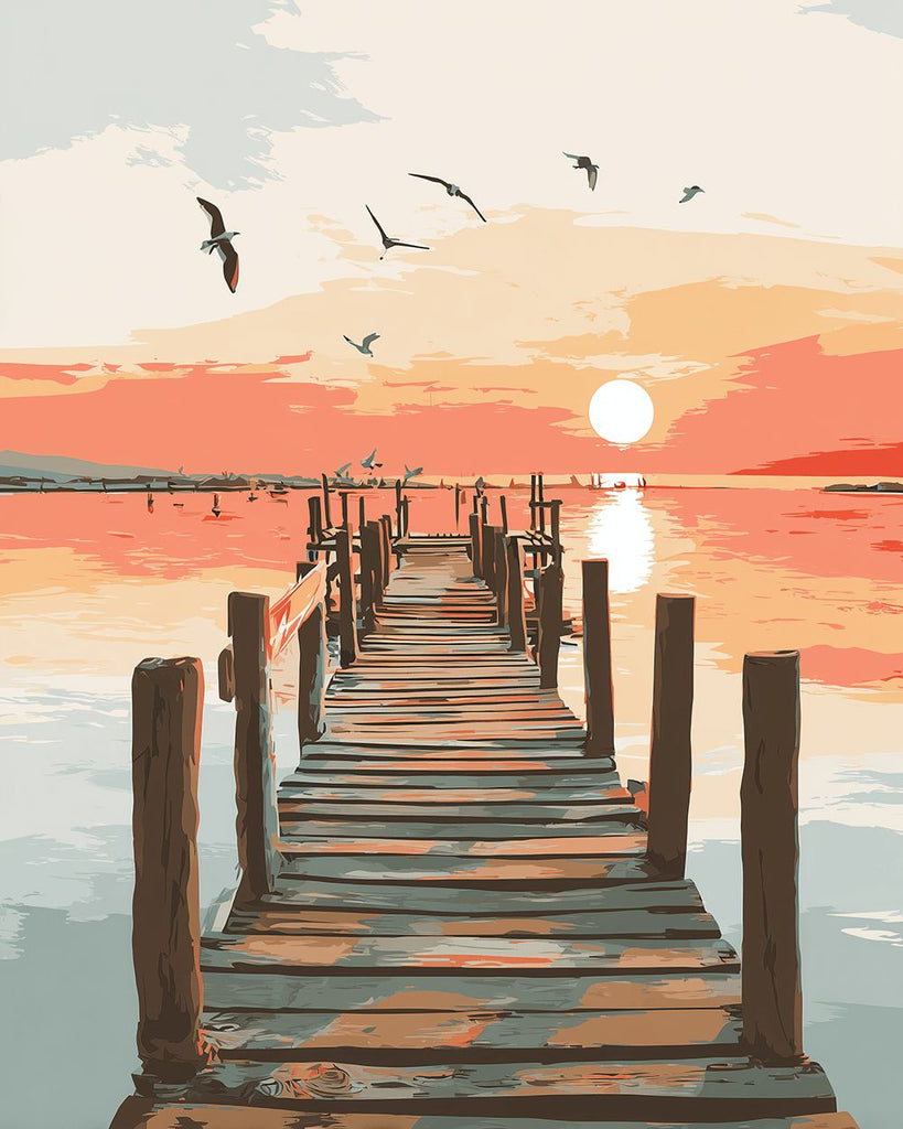 Jetée en Bois sur la Mer au Lever du Soleil Peinture par Numéros