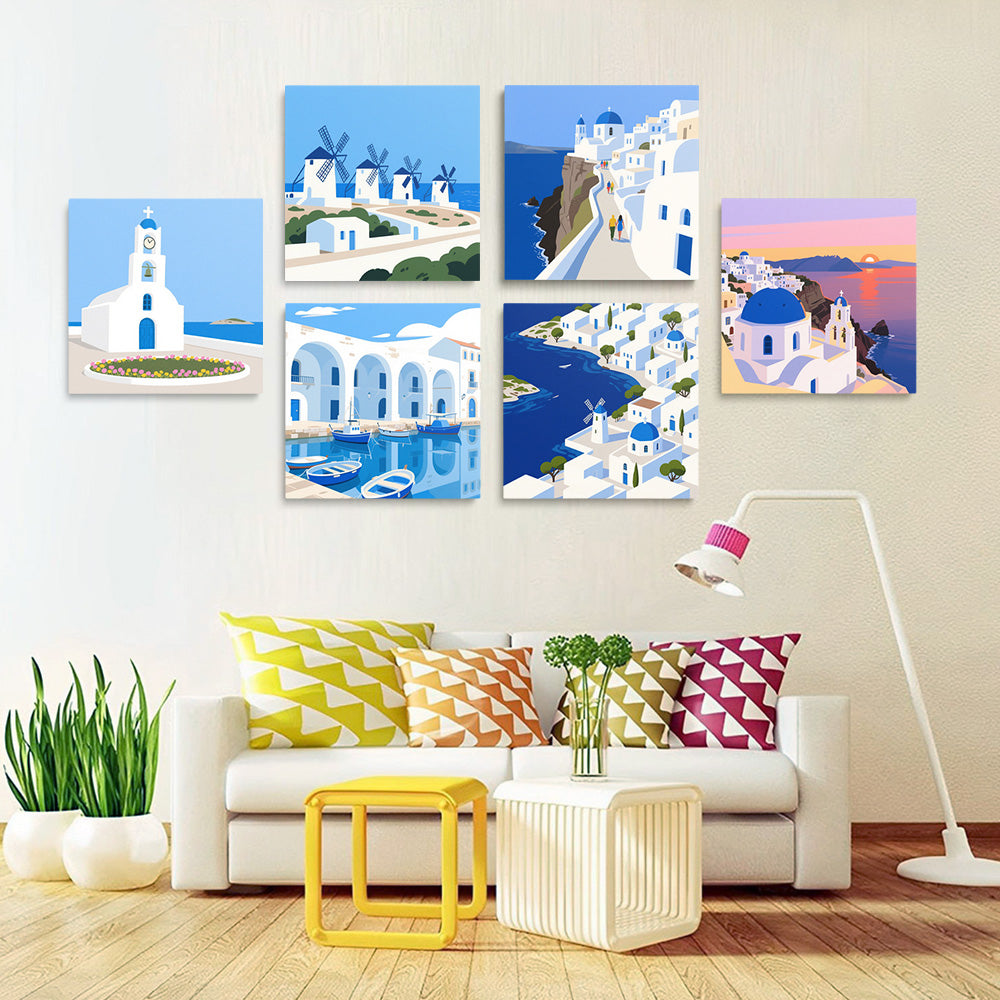 Jour Ensoleillé à Santorin 6 Mini Peintures par Numéros