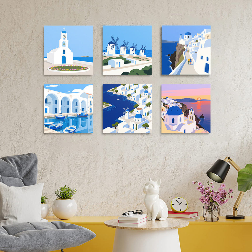 Jour Ensoleillé à Santorin 6 Mini Peintures par Numéros