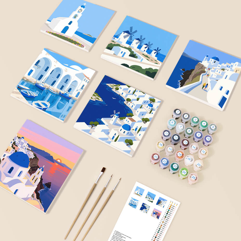 Jour Ensoleillé à Santorin 6 Mini Peintures par Numéros