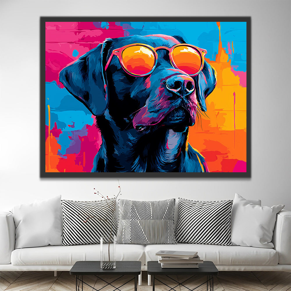 Labrador Noir portant des Lunettes de Soleil Orange Peinture par Numéros