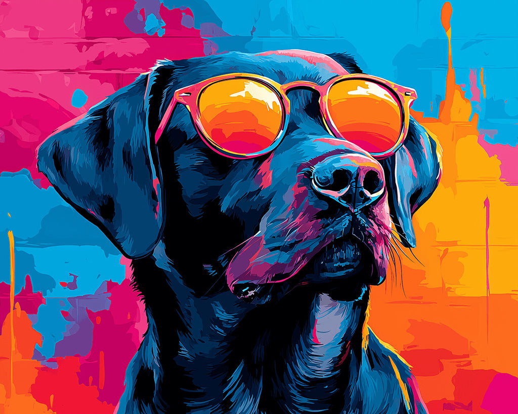 Labrador Noir portant des Lunettes de Soleil Orange Peinture par Numéros