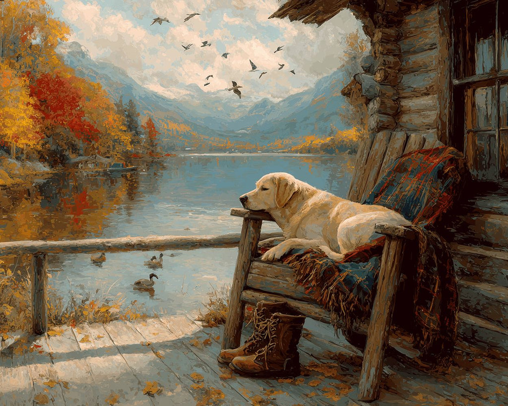Labrador Retriever devant un Chalet de Montagne Peinture par Numéros