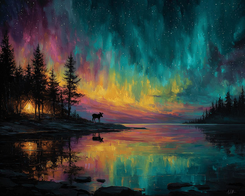 Lac de Forêt sous l’Aurore Colorée Peinture par Numéros
