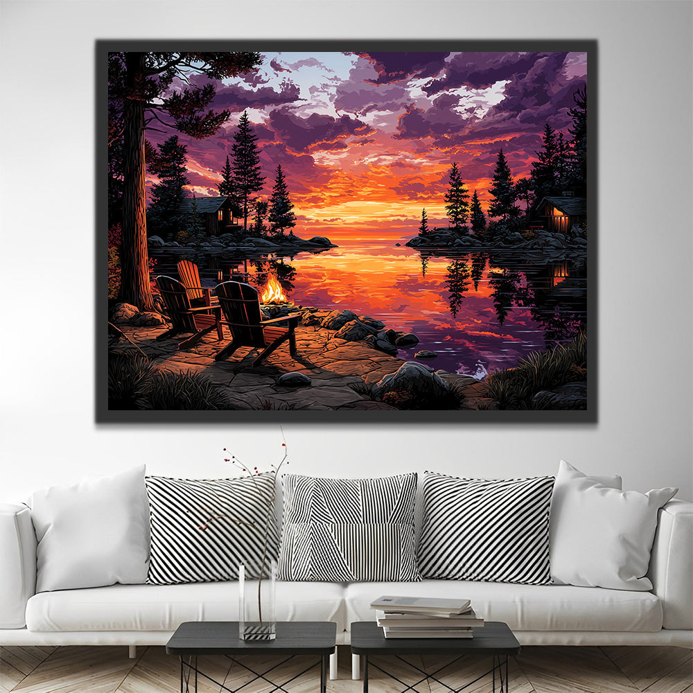 Lac de Forêt sous les Nuages de Feu Peinture par Numéros