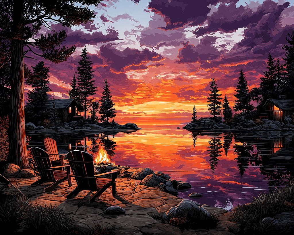 Lac de Forêt sous les Nuages de Feu Peinture par Numéros