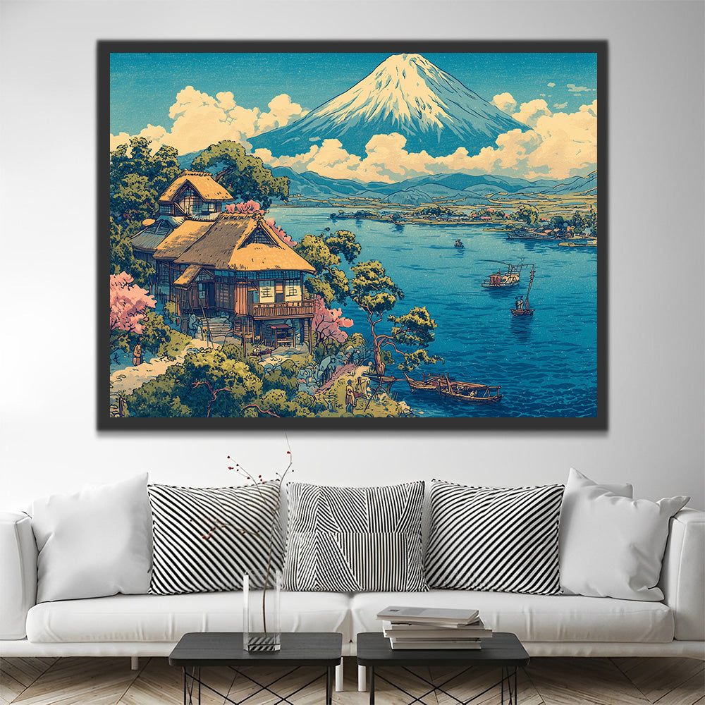 Lac et Maisons sous le Mont Fuji Peinture par Numéros