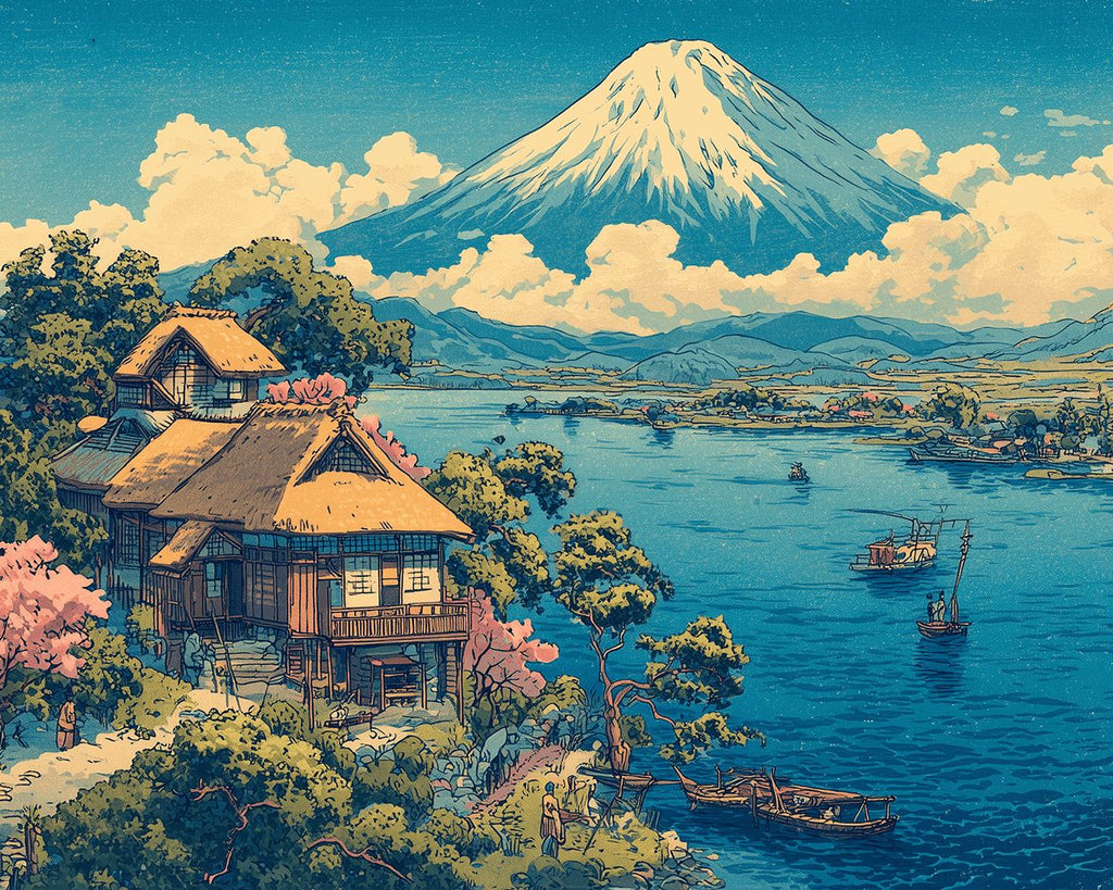 Lac et Maisons sous le Mont Fuji Peinture par Numéros