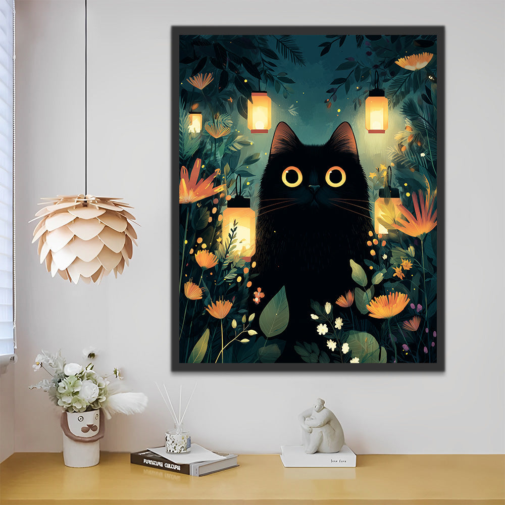 Lampes et Chat Noir parmi les Fleurs Peinture par Numéros