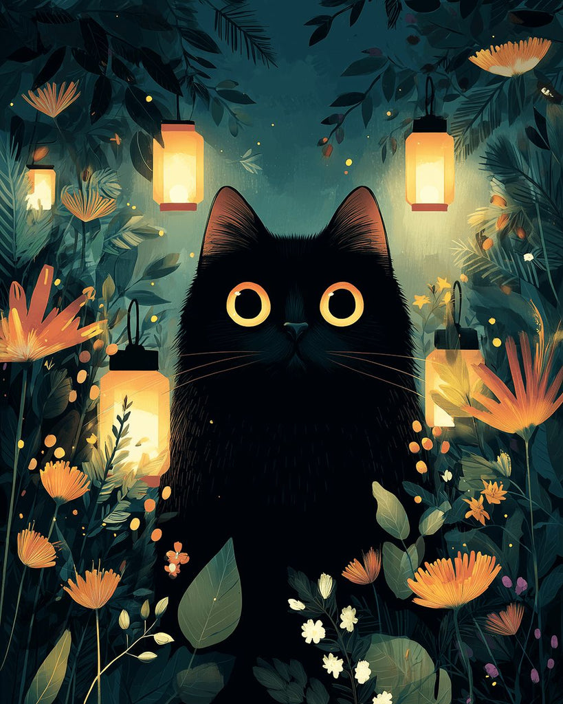 Lampes et Chat Noir parmi les Fleurs Peinture par Numéros