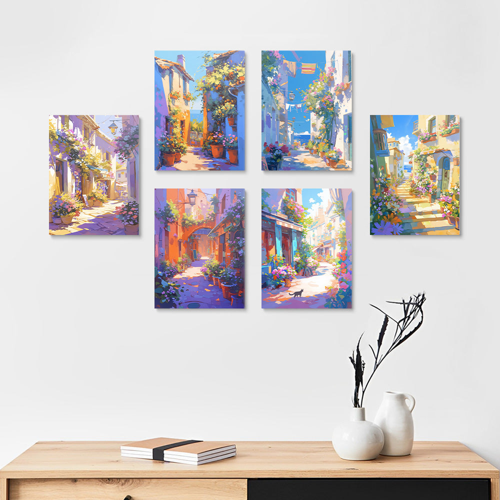Le Soleil Brille sur la Ville Européenne 6 Mini Peintures par Numéros