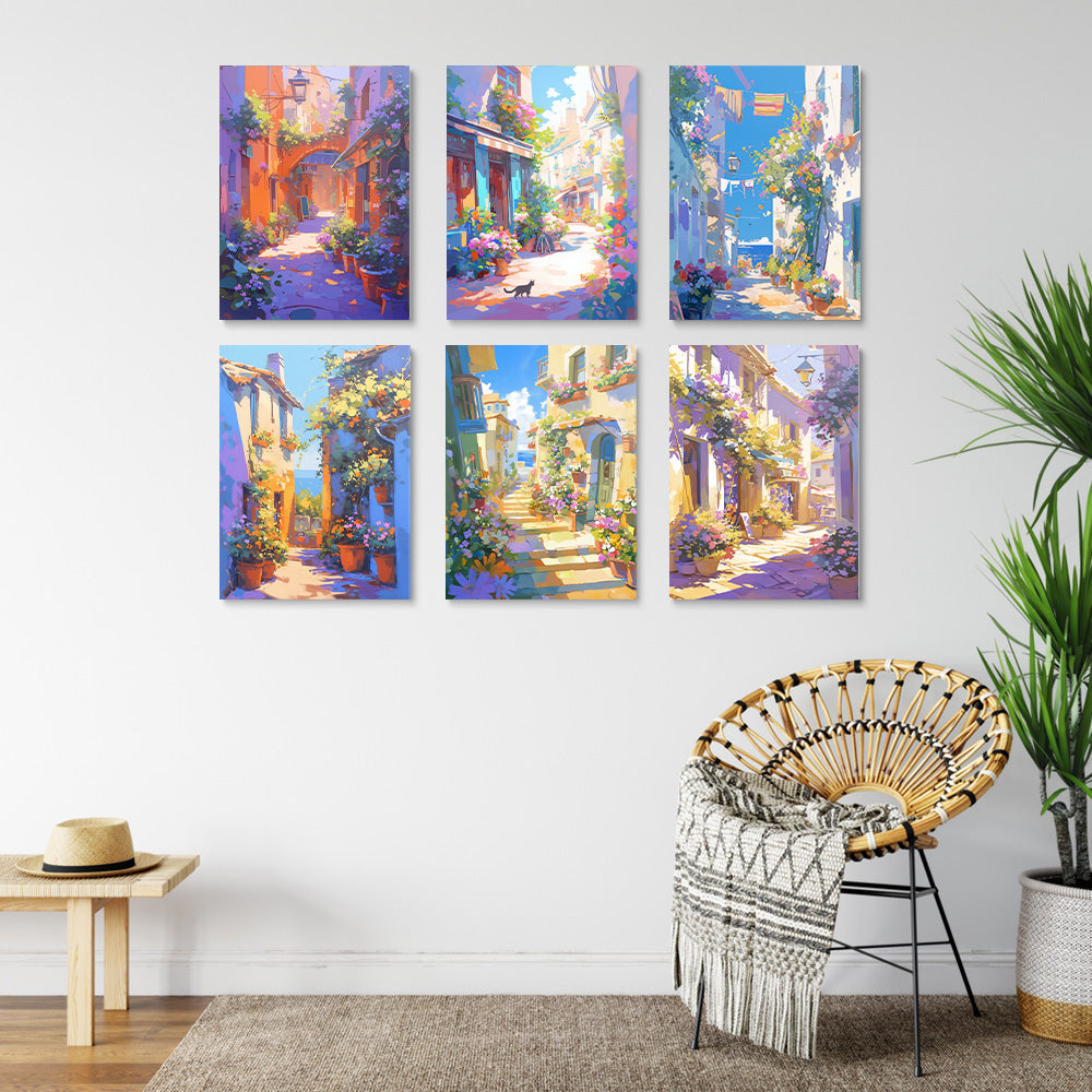 Le Soleil Brille sur la Ville Européenne 6 Mini Peintures par Numéros
