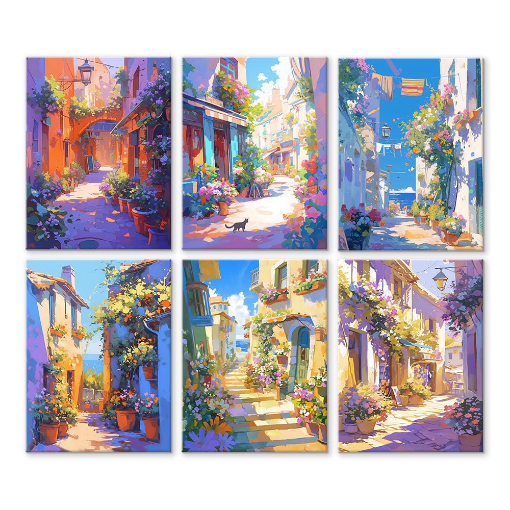 Le Soleil Brille sur la Ville Européenne 6 Mini Peintures par Numéros