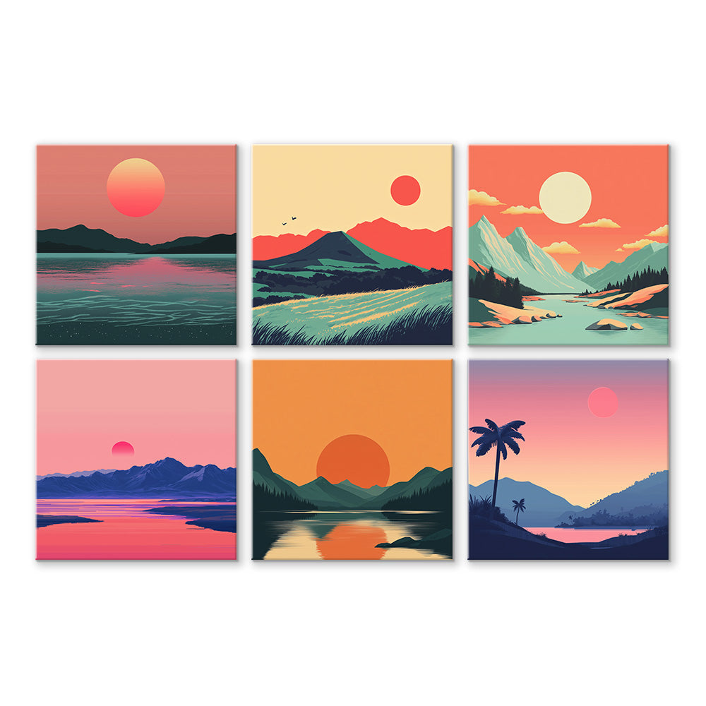 Lever du Soleil sur les Montagnes et la Mer 6 Mini Peintures par Numéros