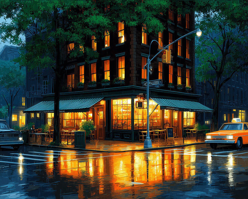 Librairie d’Angle Éclairée sous la Pluie Nocturne Peinture par Numéros