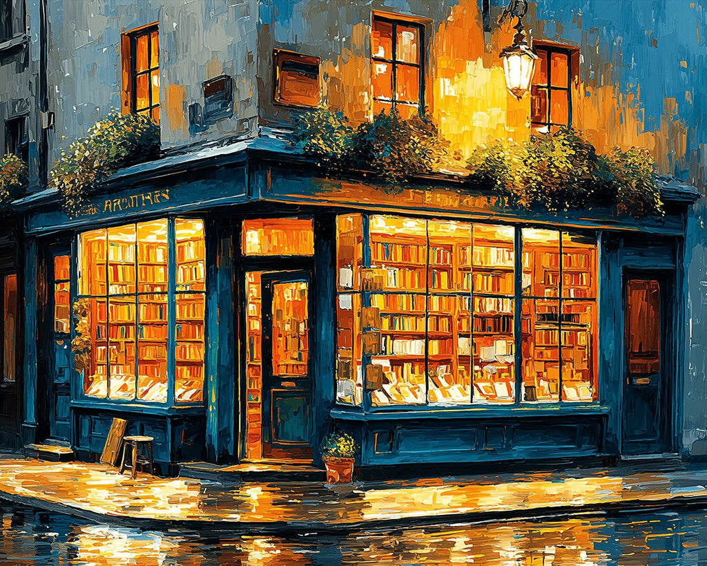 Librairie d’Angle sous la Pluie la Nuit Peinture par Numéros