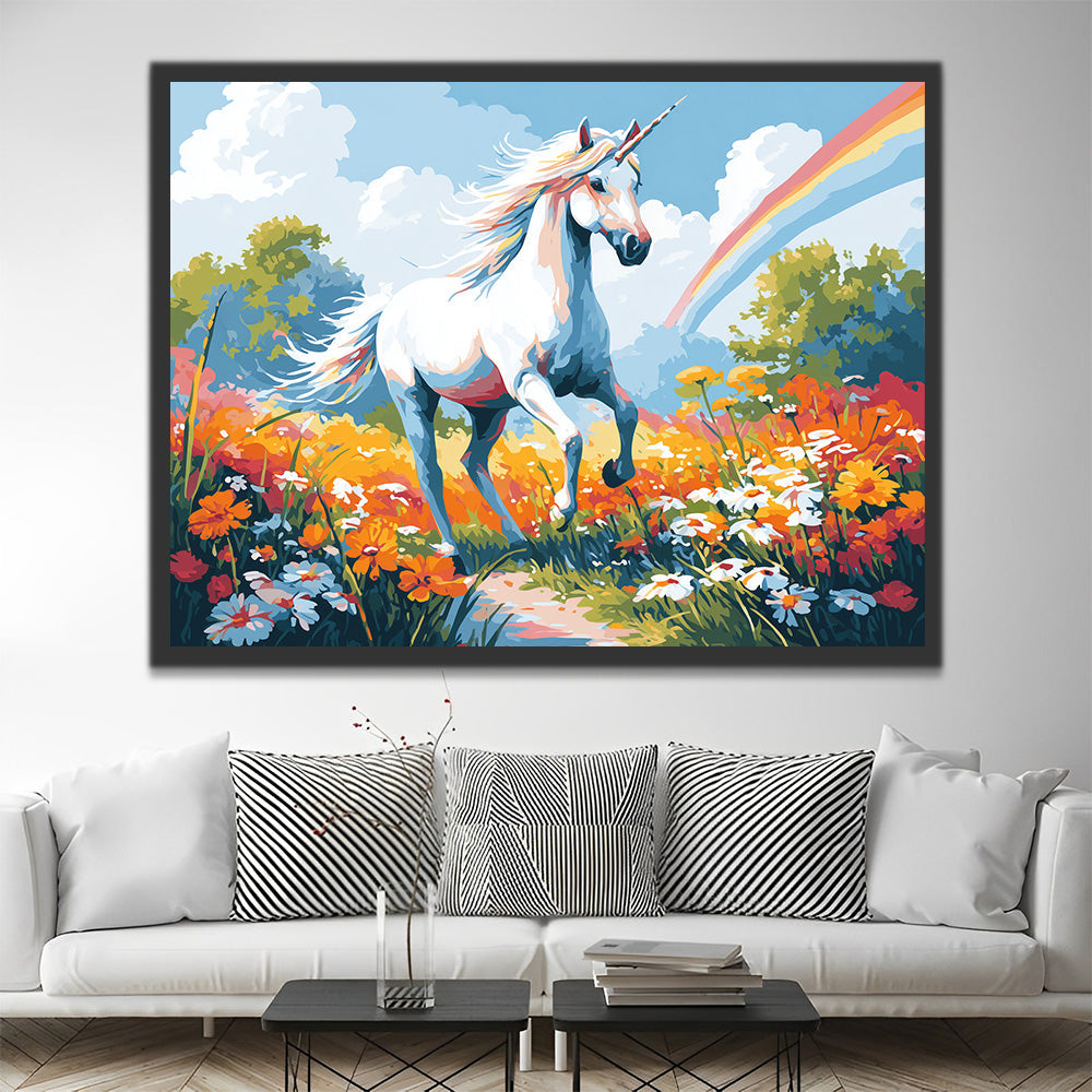 Licorne Courant dans un Champ de Fleurs Peinture par Numéros