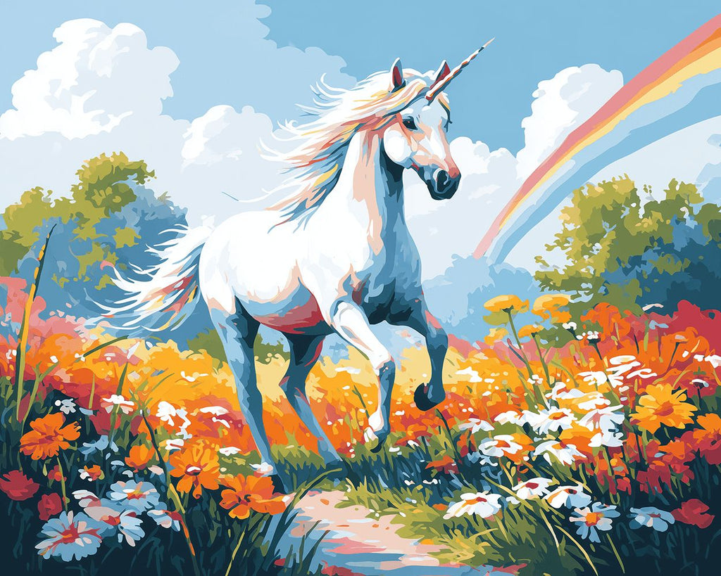 Licorne Courant dans un Champ de Fleurs Peinture par Numéros