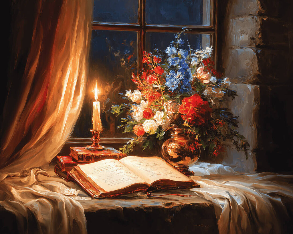 Livre et Vase de Fleurs à la Lueur des Bougies Peinture par Numéros