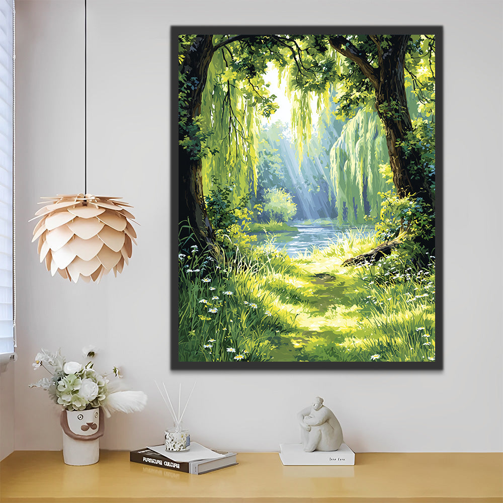Lumière du Soleil dans la Forêt Verte Peinture par Numéros