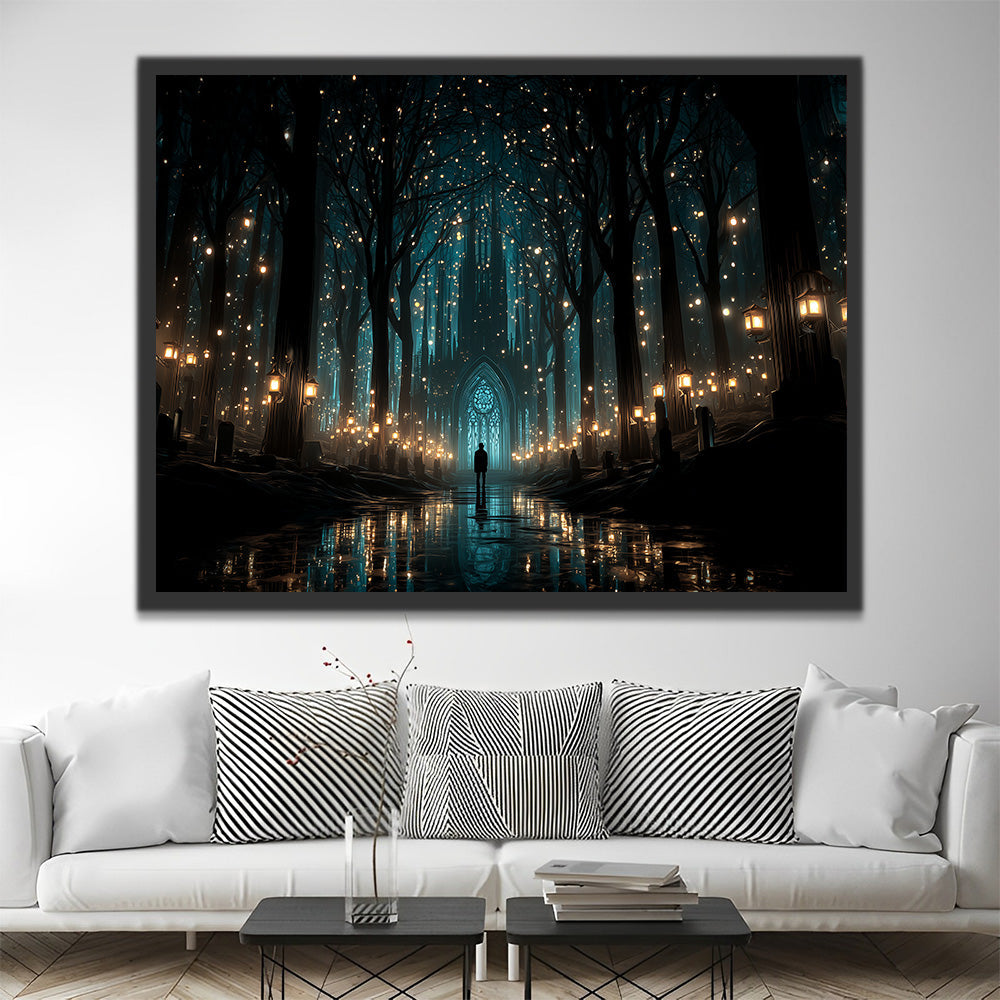 Lumières de Rue et Arbres Lumineux devant le Château Peinture par Numéros