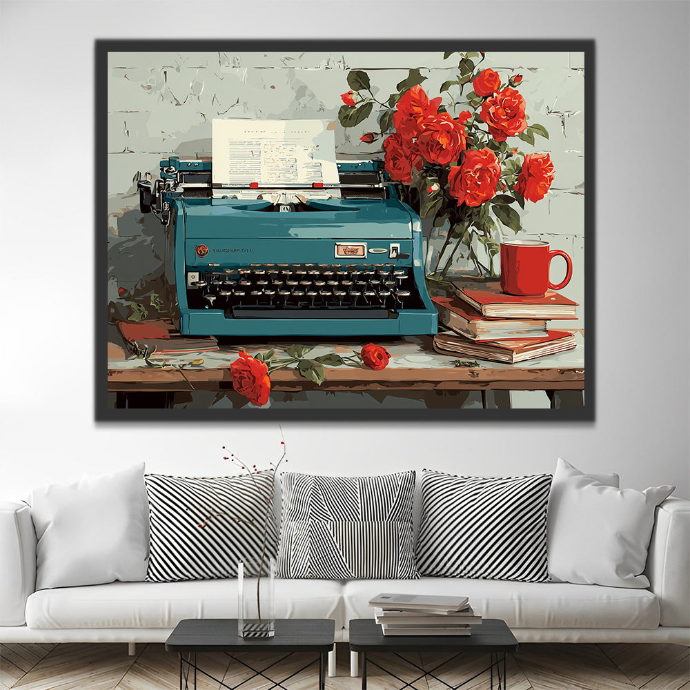 Machine à Écrire Verte et Roses Rouges Peinture par Numéros