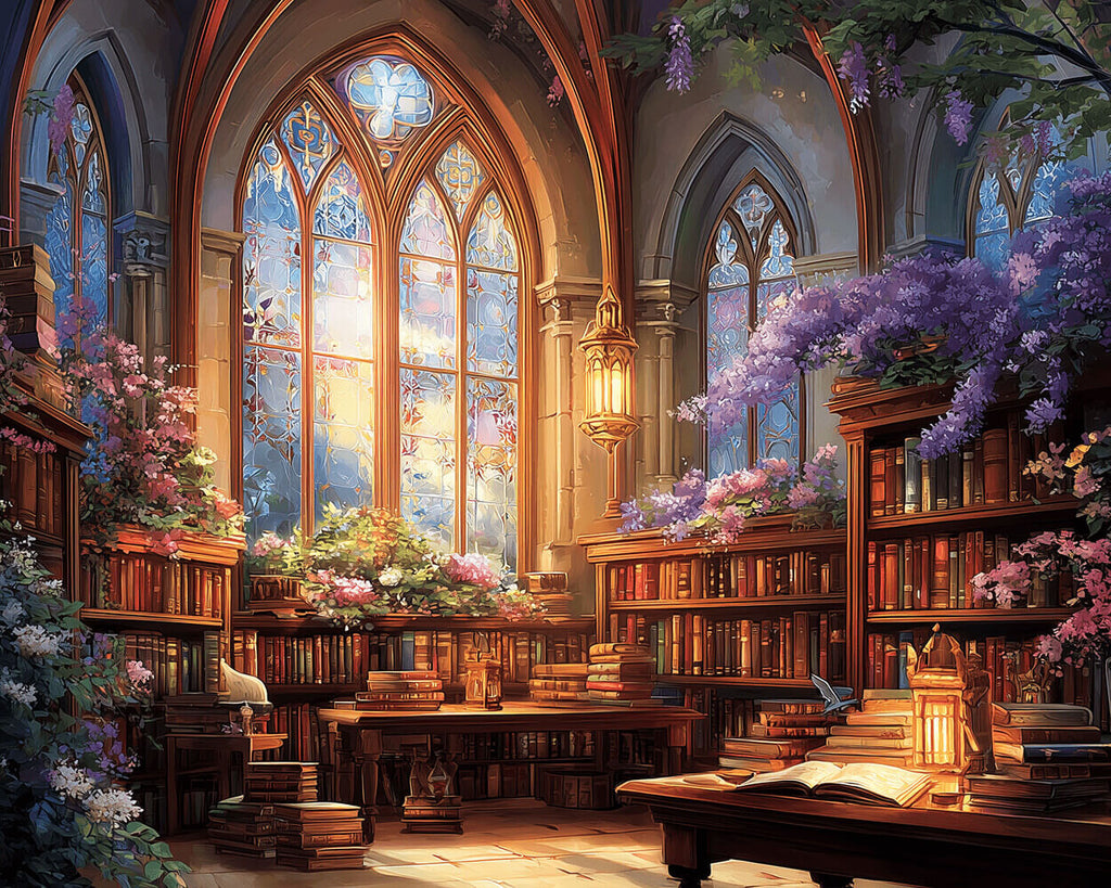 Magnifique Librairie Vintage Remplie de Fleurs de Glycine Peinture par Numéros