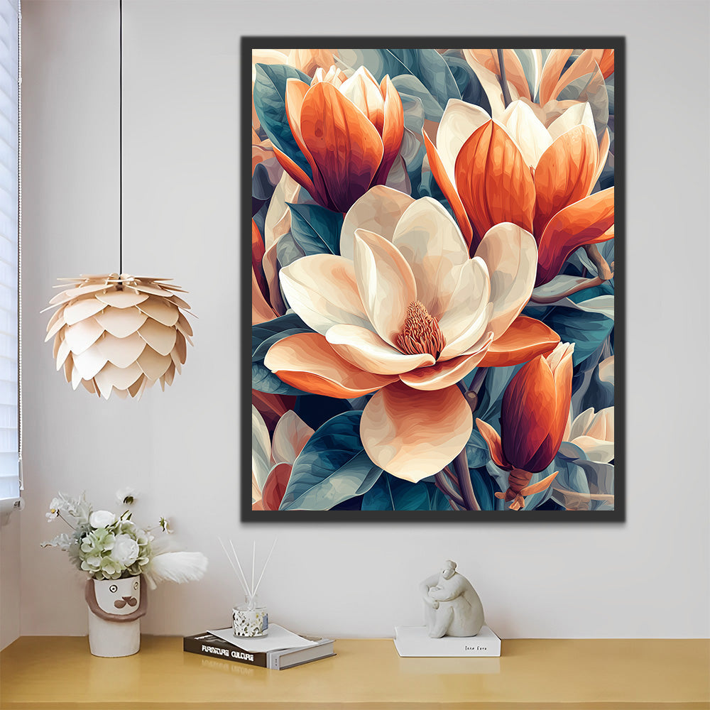 Magnolias Blancs et Oranges Peinture par Numéros