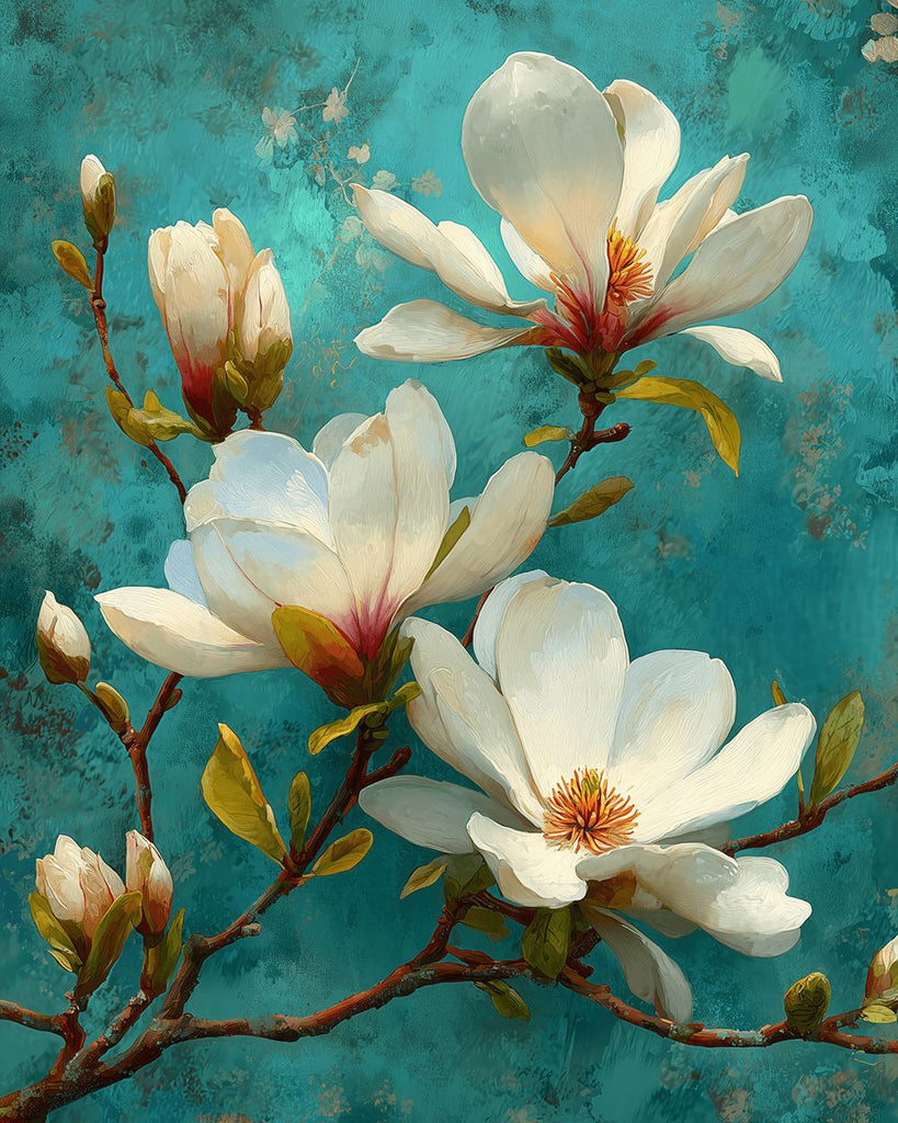 Magnolias Blancs sur Fond Vert Peinture par Numéros