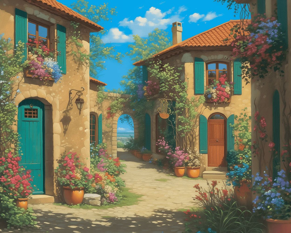 Maison au Bord de la Mer Pleine de Fleurs Peinture par Numéros