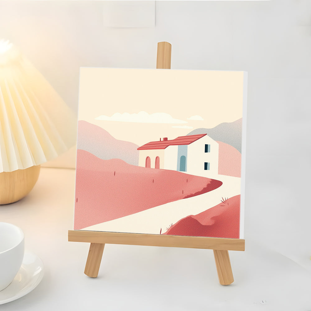 Maison Blanche sur une Colline Rose Mini Peinture par Numéros