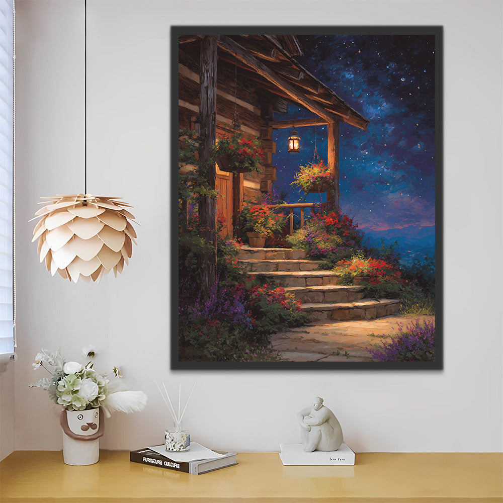 Maison en Bois Pleine de Fleurs sous le Ciel Nocturne Peinture par Numéros