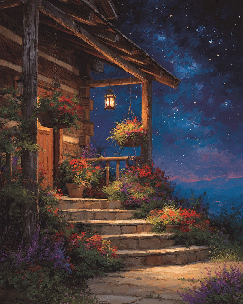 Maison en Bois Pleine de Fleurs sous le Ciel Nocturne Peinture par Numéros