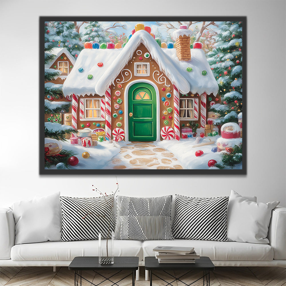 Maison en Bonbons Colorée et Sapins de Noël Peinture par Numéros