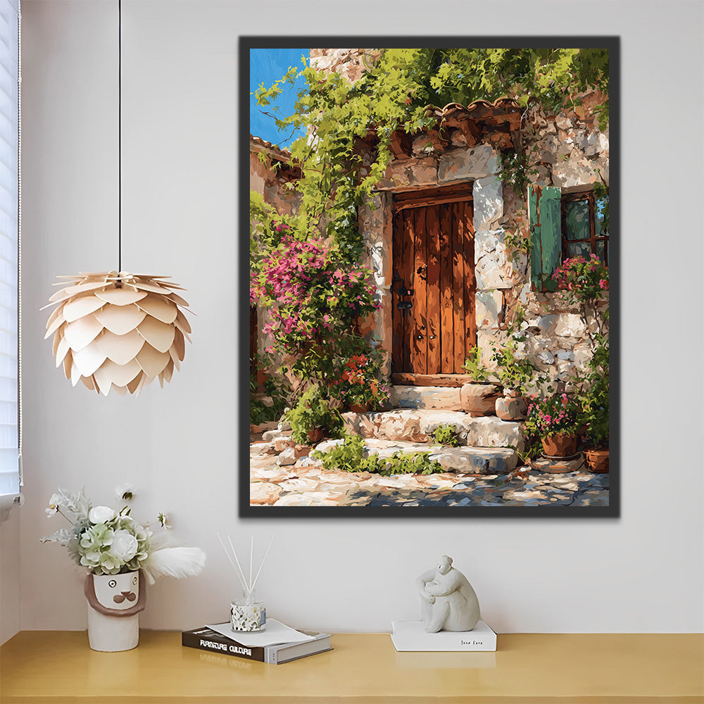 Maison en Pierre Entourée de Plantes Vertes Peinture par Numéros