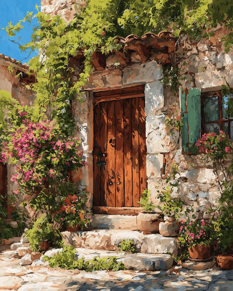 Maison en Pierre Entourée de Plantes Vertes Peinture par Numéros