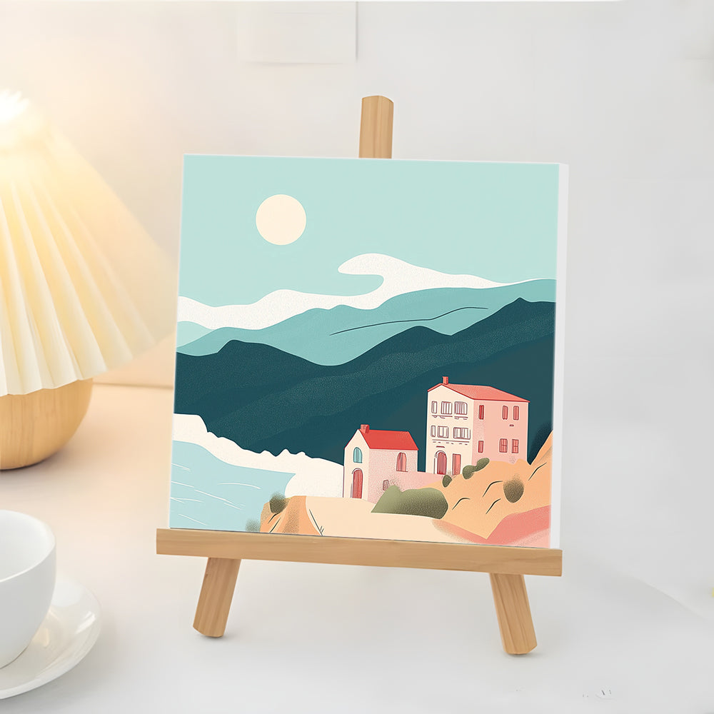 Maison Rose sur la Colline au Bord de la Mer Mini Peinture par Numéros