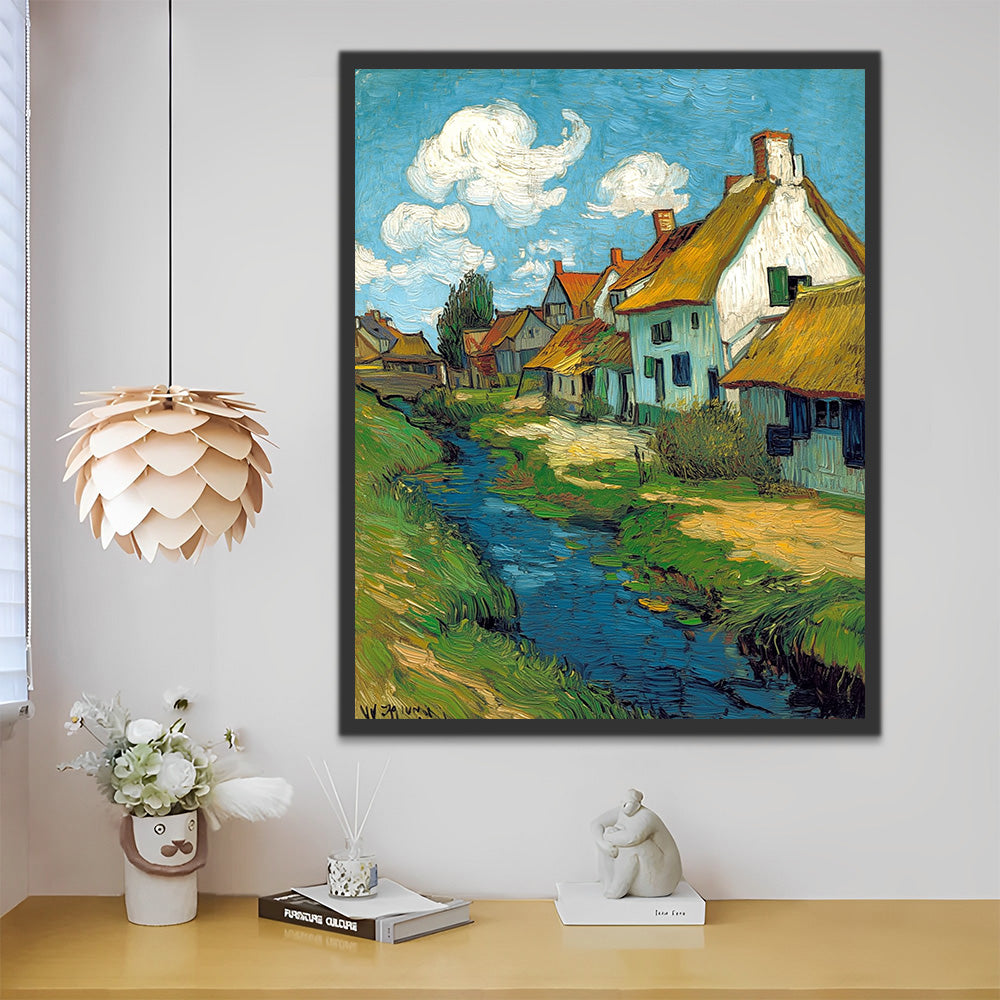 Maisons Blanches et Rivière à la Campagne Peinture par Numéros