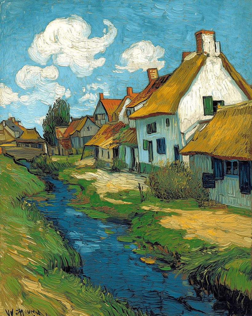 Maisons Blanches et Rivière à la Campagne Peinture par Numéros