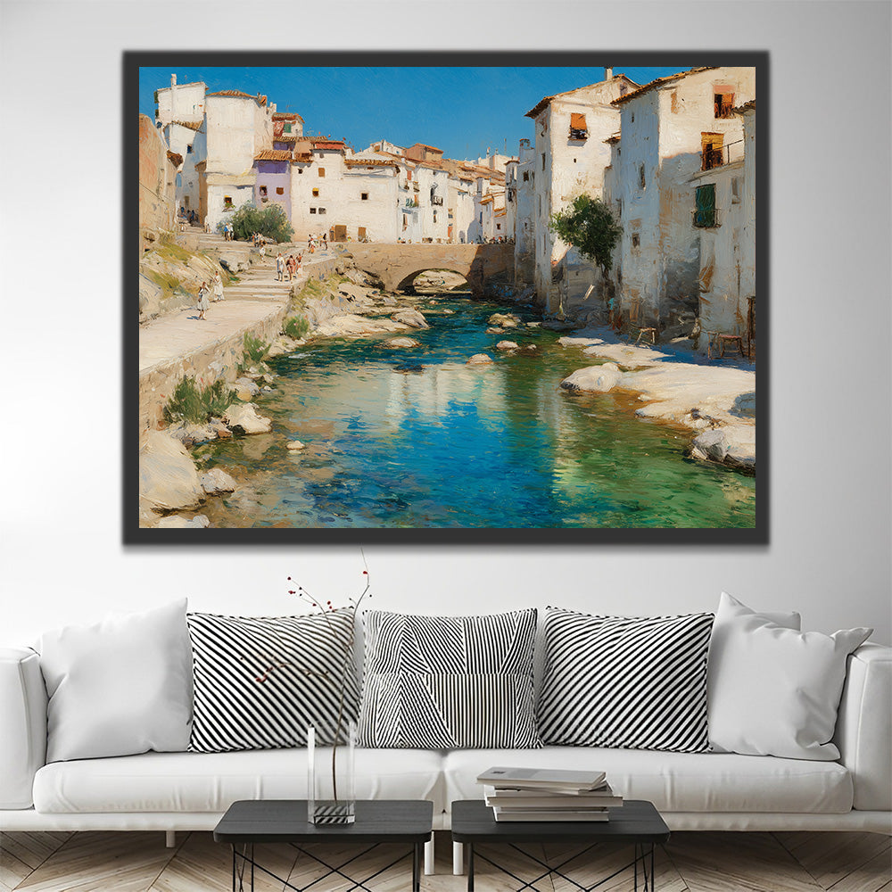 Maisons Blanches et Rivière du Village Peinture par Numéros